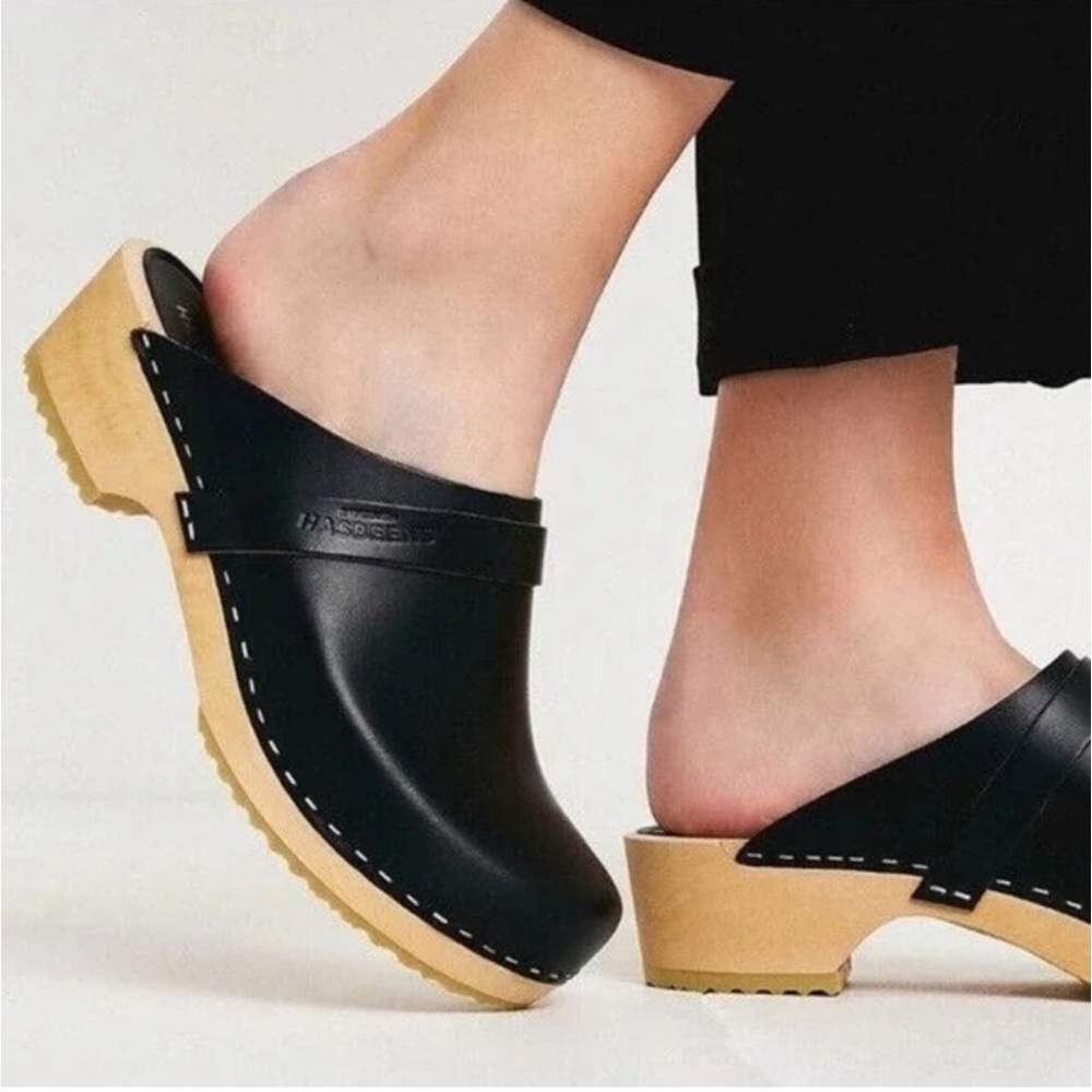NEW Swedish Hasbeens Husband Black Leather Clog Women’s size EUR 37 / US 7 NIB